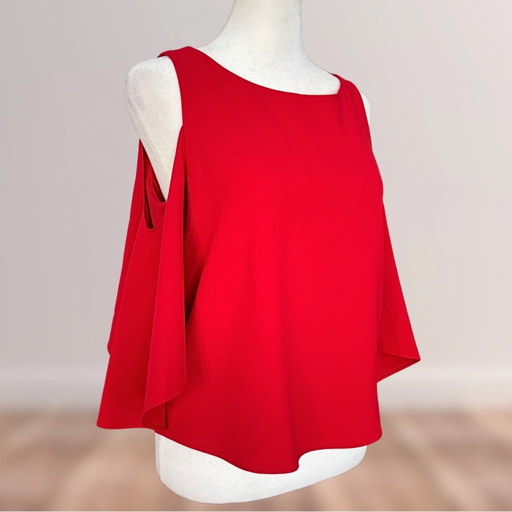 Alice + Olivia Coralee cold-shoulder flutter sleeve red blouse